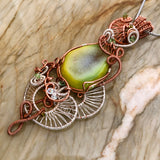 Side green handmade wire wrapped Gemstone, Sterling Silver, Copper Wire Weave Pendant Statement jewelry