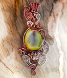 green Gemstone, Sterling Silver, Copper Handmade Wire Weave Pendant Statement Necklace