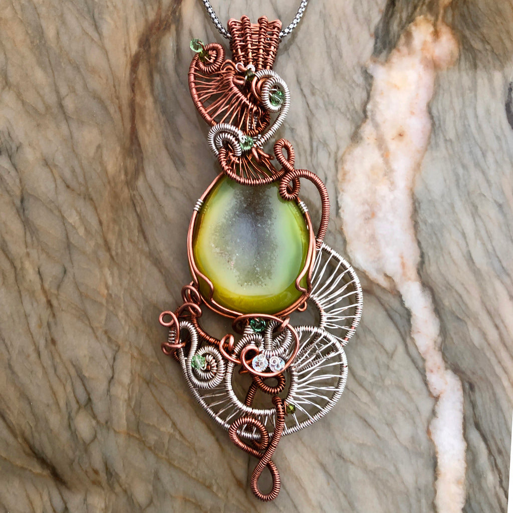 Handmade Green Druzy Gemstone, Sterling, & Copper Wire Wrapped Pendant –  Rhonda Chase Design