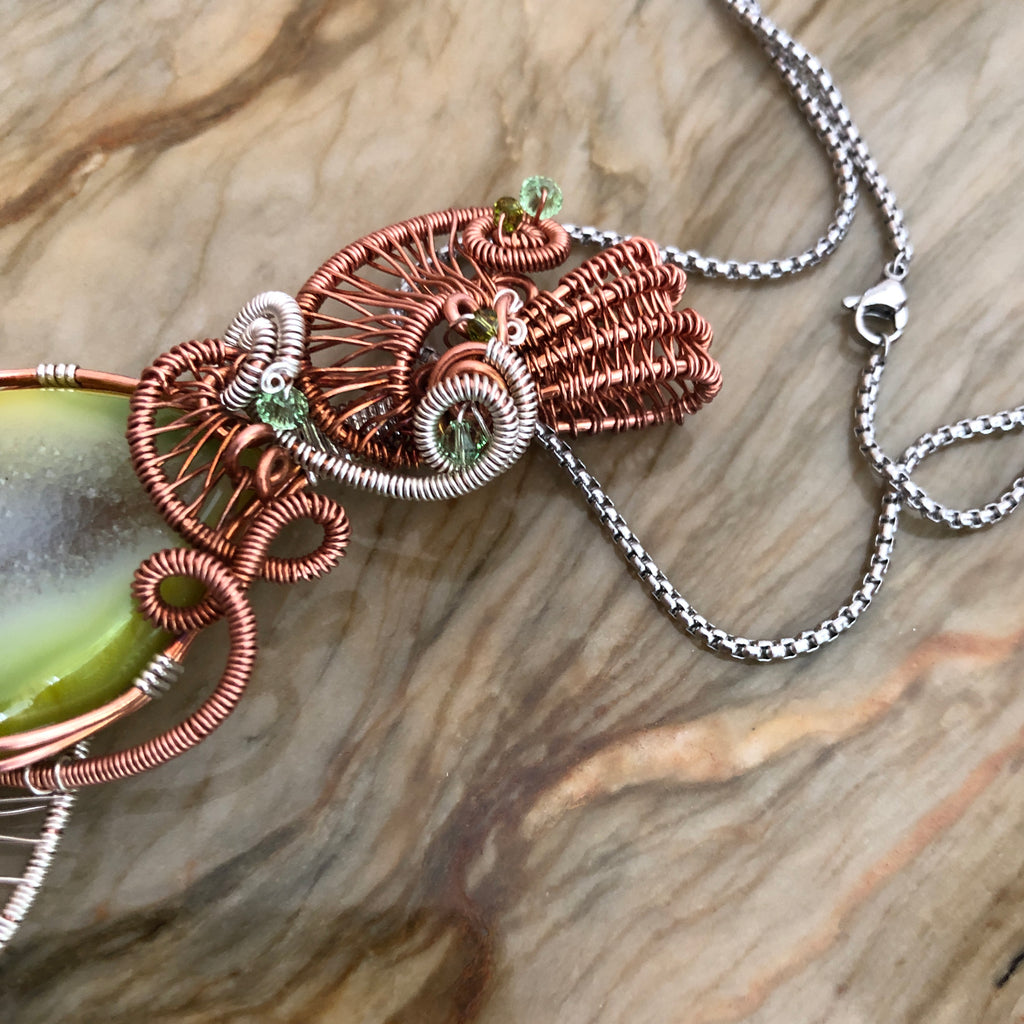 Handmade Green Druzy Gemstone, Sterling, & Copper Wire Wrapped Pendant ...