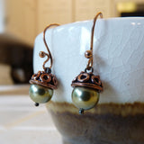 swarovski pearl and copper acorn earrings handmade green