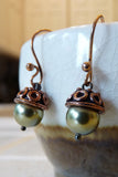 fall acorn pearl and copper earrings handmade in green