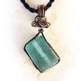 Teal Diamond Recycled Glass Pendant - Handmade Wire Wrapped Green Pendant