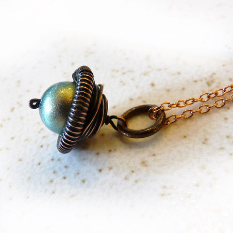 satin finish pearl & copper acorn wire wrapped pendant
