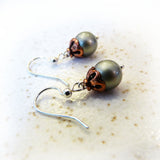 Acorn Swarovski Crystal Pearl Drop Earrings - Moss Green, Copper & Silver Dangle Earrings