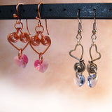 Pink & Blue Swarovski Crystal Heart Wire Wrapped Earrings