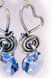 Close Up Blue Crystal Silver Wire Wrapped Heart Earrings