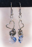 Blue OOAK Crystal and Silver Wire Wrapped Heart Earrings