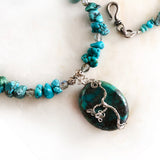 Blue green silver and genuine turquoise beads necklace with tree pendant