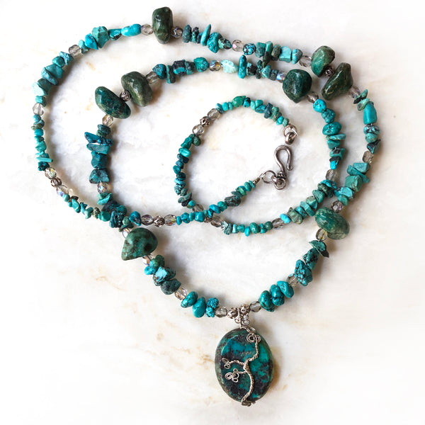 Handmade wire wrapped blue green silver and genuine turquoise beads necklace with tree pendant