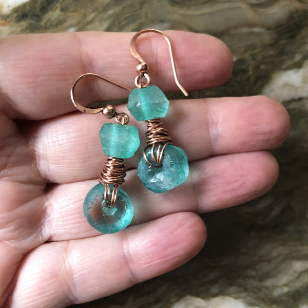 Bright Teal Green Recycled Glass & Copper Handmade Wire Wrapped Earrings - Handmade Dangle Drop Earrings
