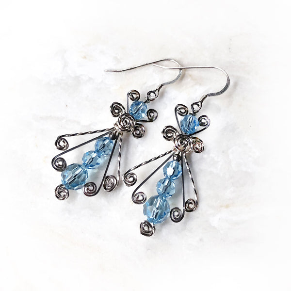 Blue Ice .925 Sterling Silver Wire Wrapped Dangle Earrings - Handmade Swarovski Crystal Drop Earrings
