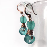 Bright Teal Green Recycled Glass & Copper Handmade Wire Wrapped Earrings - Handmade Dangle Drop Earrings, OOAK