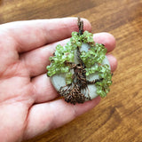 Hand on Natural Peridot Gemstone Tree of Life Wire Wrapped Pendant Necklace, Green & Copper Handmade Gemstone Jewelry, Tree Pendant