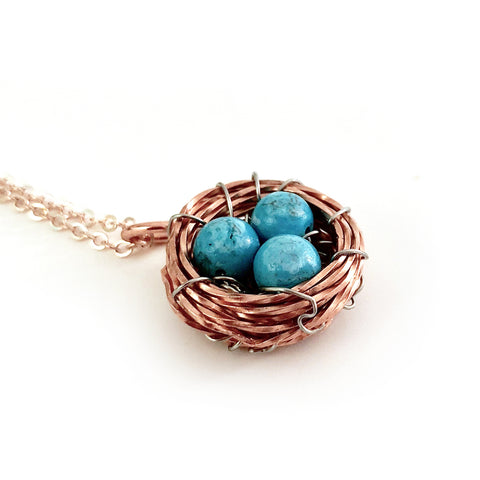 Bird's Nest Pendant with Genuine Turquoise Eggs, Handmade Copper Wire Wrapped