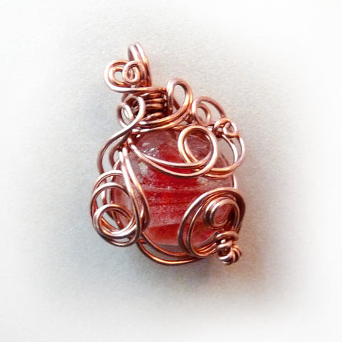 cherry red pink copper wire wrapping pendant necklace
