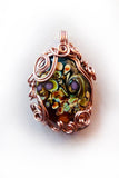 Floral lampworked glass w swirl copper wire wrap pendant