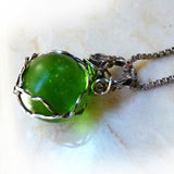 Handmade boho silver wire wrapped green marble pendant