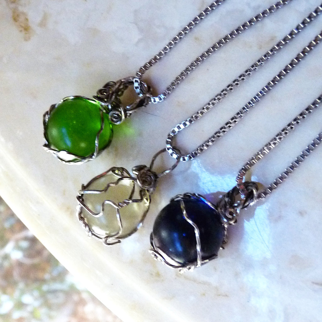 Boho Wire Wrapped Clear Marble Necklace