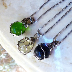 Handmade boho silver wire wrapped blue marble pendant