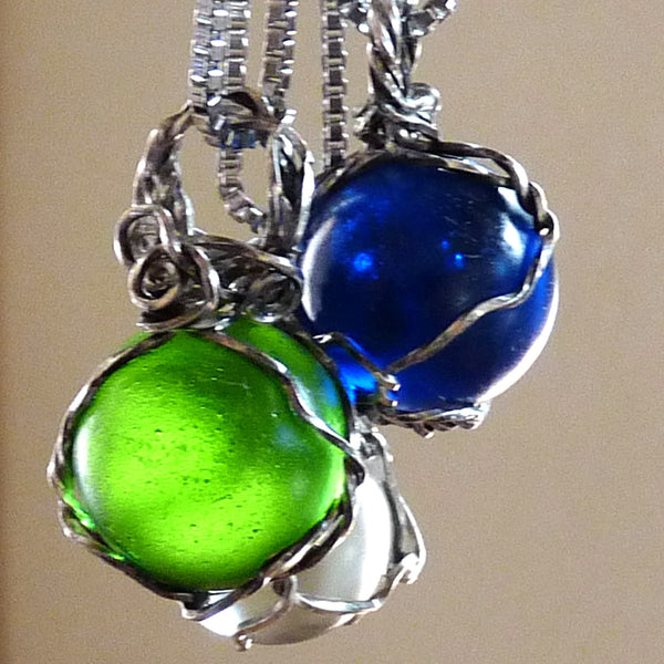 Handmade boho silver wire wrapped 3 marble pendants