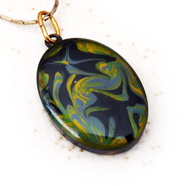 Green and black hand painted pendant by Rhonda Chase