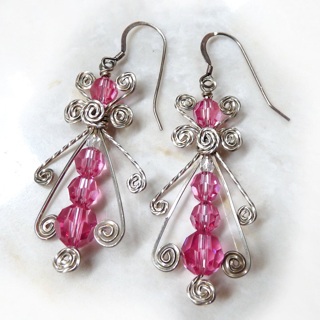Pink Ice .925 Sterling Silver Wire Wrapped Dangle Earrings - Handmade ...
