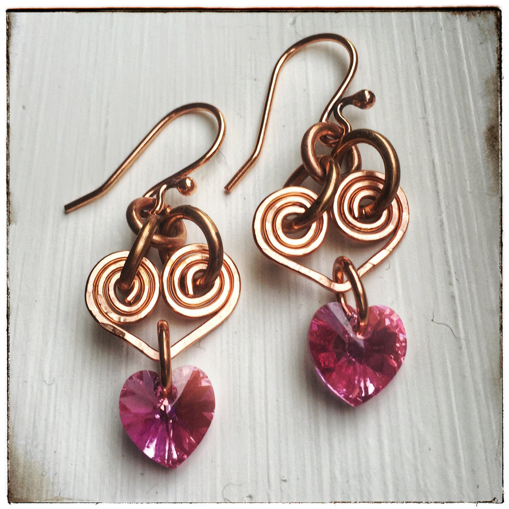 Pink Hearts Swarovski Crystal Copper Wire Earrings Rhonda
