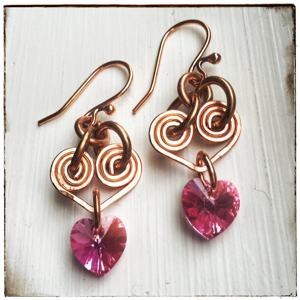 Pink & copper handmade wire dangle OOAK heart earrings