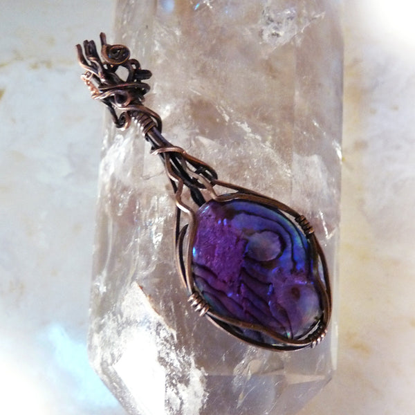copper wire wrapping  purple paua shell handmade pendant 