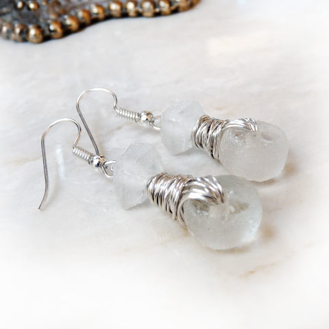 Custom Order - Dangle Drop Wire Wrapped Earrings - Frosted Clear or Your Choice Recycled Glass & Silver