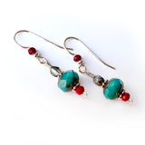 Christmas Red & Turquoise Green Sterling Silver Dangle Drop Earrings Gift, beaded