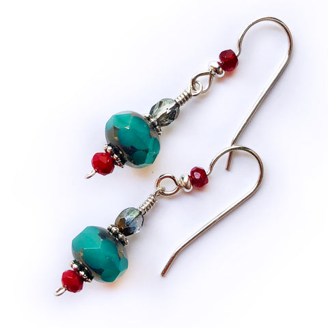 Christmas Red & Green Sterling Silver Dangle Drop Earrings Gift, beaded