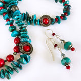Matching Earrings and Genuine Turquoise, Green and Red, Christmas Beaded Long Necklace 