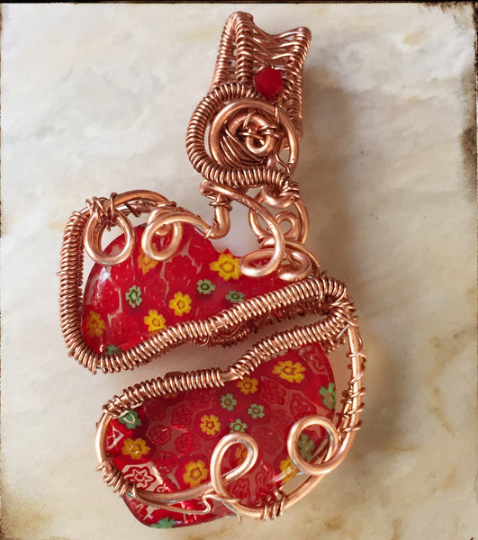 Red broken heart wire wrapped handmade pendant necklace
