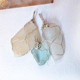 3 sea glass handmade wire pendants, clear, teal, aqua, tan