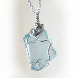 Aqua teal blue wire wrapped real sea glass in sterling silver