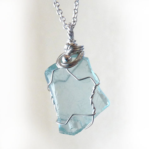 Aqua teal blue wire wrapped real sea glass in sterling silver