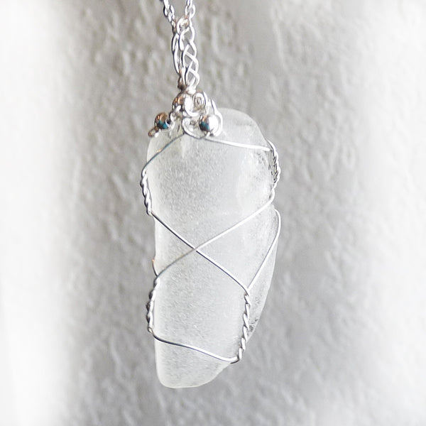 Clear sea glass handmade wire wrapped pendant necklace