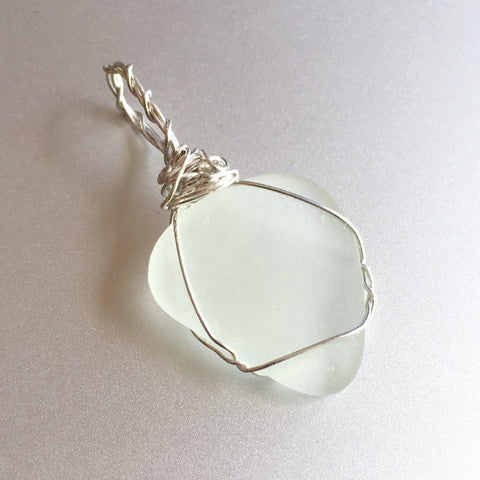 Wave Tumbled Wire Wrapped Sea Glass green pendant