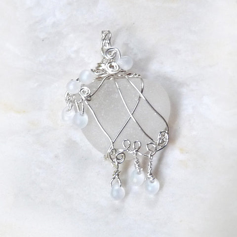 sea glass sterling silver with dangles white clear boho