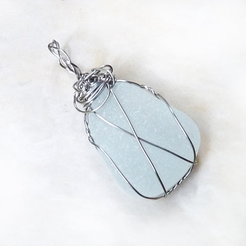 handmade boho wire wrapped white clear sea glass pendant