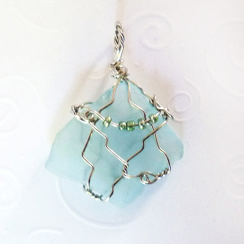 Aqua & Silver Diamond shape, Wire Wrapped handmade