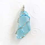 Aqua & Silver boho Wire Wrapped pendant with blue Beads