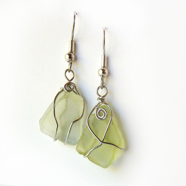 Sea Glass Earrings, Handmade dangle green & silver OOAK