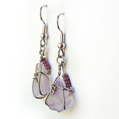 Sea Glass Earrings, Handmade dangle purple, silver OOAK