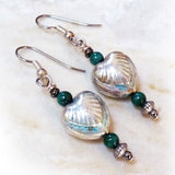 Art Deco Hearts & Malachite Dangle Earrings - silver, green