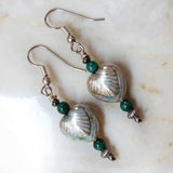 Art Deco Heart and Malachite Bead Silver & Green Earrings