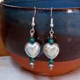 Hanging Art Deco Heart & Malachite Bead Earrings