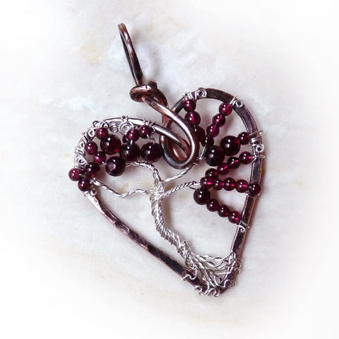 Garnet Tree of Life, Heart Shaped Wire Wrapped Pendant